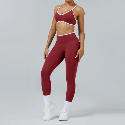 Women Casual Contrast Color Bra Tight Pants Quick-Drying Sports Yoga Two-Piece Set