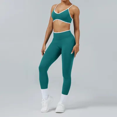 Women Casual Contrast Color Bra Tight Pants Quick-Drying Sports Yoga Two-Piece Set