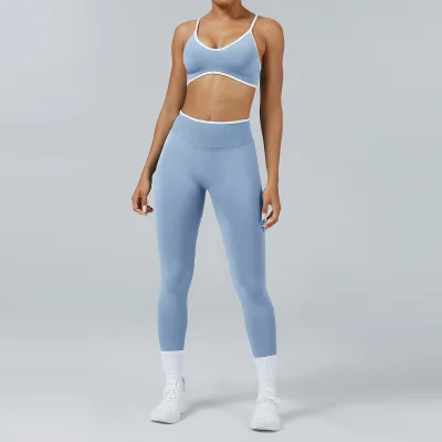 Women Casual Contrast Color Bra Tight Pants Quick-Drying Sports Yoga Two-Piece Set