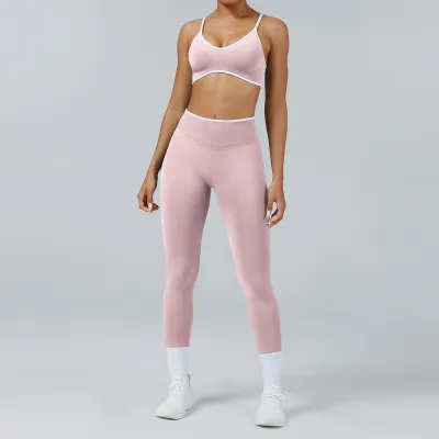 Women Casual Contrast Color Bra Tight Pants Quick-Drying Sports Yoga Two-Piece Set