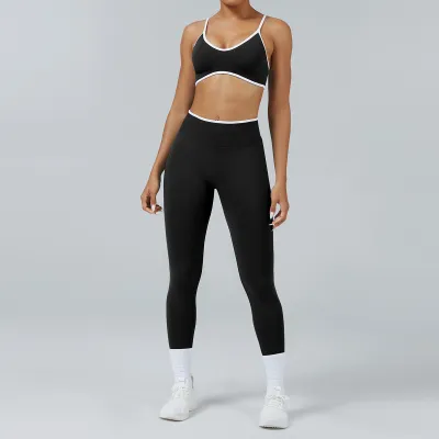 Women Casual Contrast Color Bra Tight Pants Quick-Drying Sports Yoga Two-Piece Set