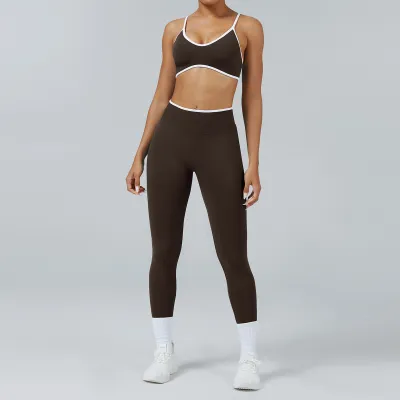 Women Casual Contrast Color Bra Tight Pants Quick-Drying Sports Yoga Two-Piece Set