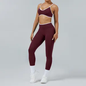 Women Casual Contrast Color Bra Tight Pants Quick-Drying Sports Yoga Two-Piece Set