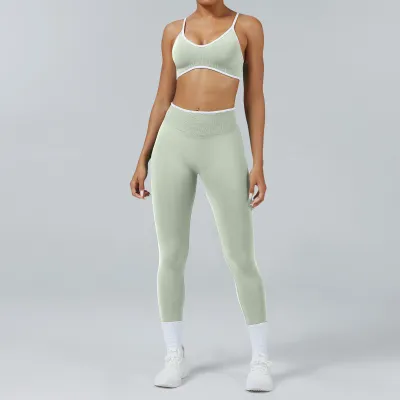 Women Casual Contrast Color Bra Tight Pants Quick-Drying Sports Yoga Two-Piece Set
