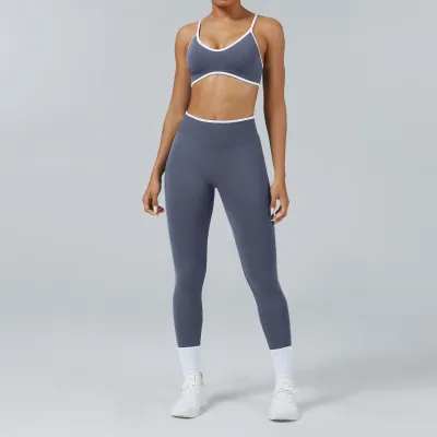 Women Casual Contrast Color Bra Tight Pants Quick-Drying Sports Yoga Two-Piece Set