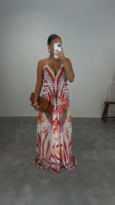 Women Fashion Sexy Bohemian Printed Spaghetti Strap Backless Swing Dress