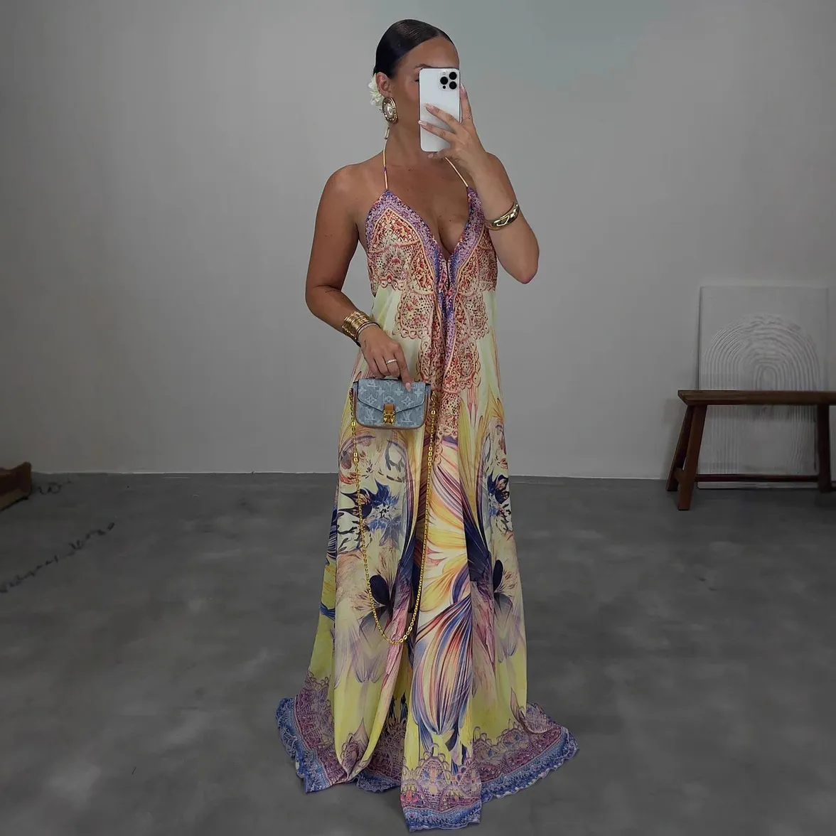 Women Fashion Sexy Bohemian Printed Spaghetti Strap Backless Swing Dress