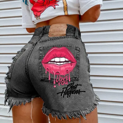Women's Lip Print High Waist Denim Shorts - Japanese Korean Style