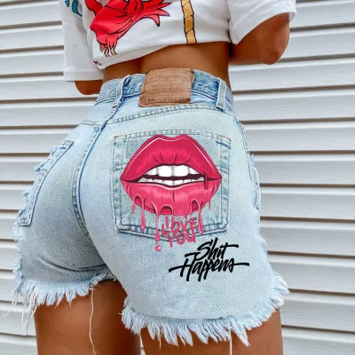 Women Fashion Lip Print High Waist Denim Shorts