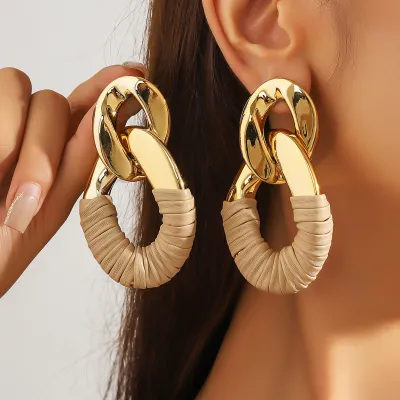 Women's Fashion Exaggerated Pleated Oval Faux Leather Wrap Denim Earrings