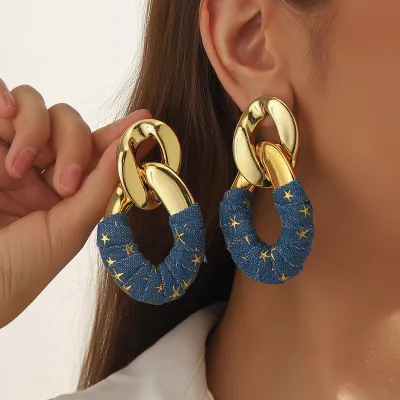 Women's Fashion Exaggerated Pleated Oval Faux Leather Wrap Denim Earrings