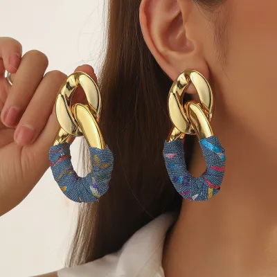 Women's Fashion Exaggerated Pleated Oval Faux Leather Wrap Denim Earrings
