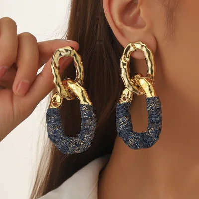 Women's Fashion Exaggerated Pleated Oval Faux Leather Wrap Denim Earrings