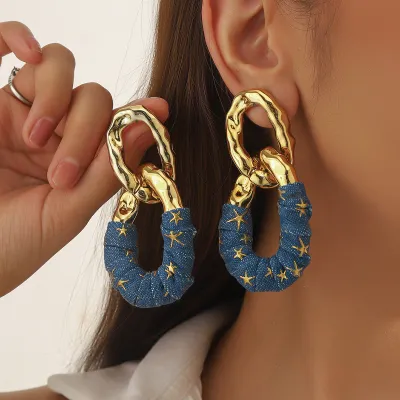 Women's Fashion Exaggerated Pleated Oval Faux Leather Wrap Denim Earrings