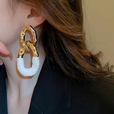Women's Fashion Exaggerated Pleated Oval Faux Leather Wrap Denim Earrings