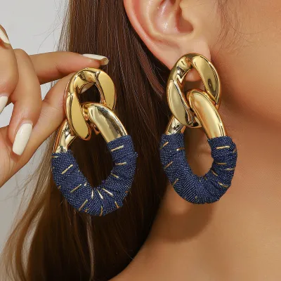 Women's Fashion Exaggerated Pleated Oval Faux Leather Wrap Denim Earrings