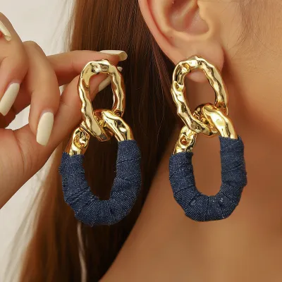 Women's Fashion Exaggerated Pleated Oval Faux Leather Wrap Denim Earrings