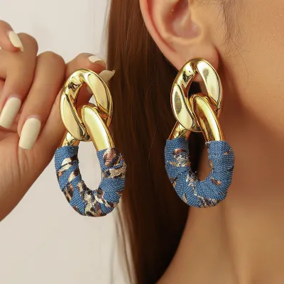 Women's Fashion Exaggerated Pleated Oval Faux Leather Wrap Denim Earrings