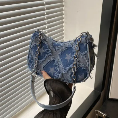 Women Fashion Casual Gradient Star Chain Small Square Denim Shoulder Bag