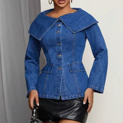 Women Casual Large Lapel Long Sleeve Denim Jacket