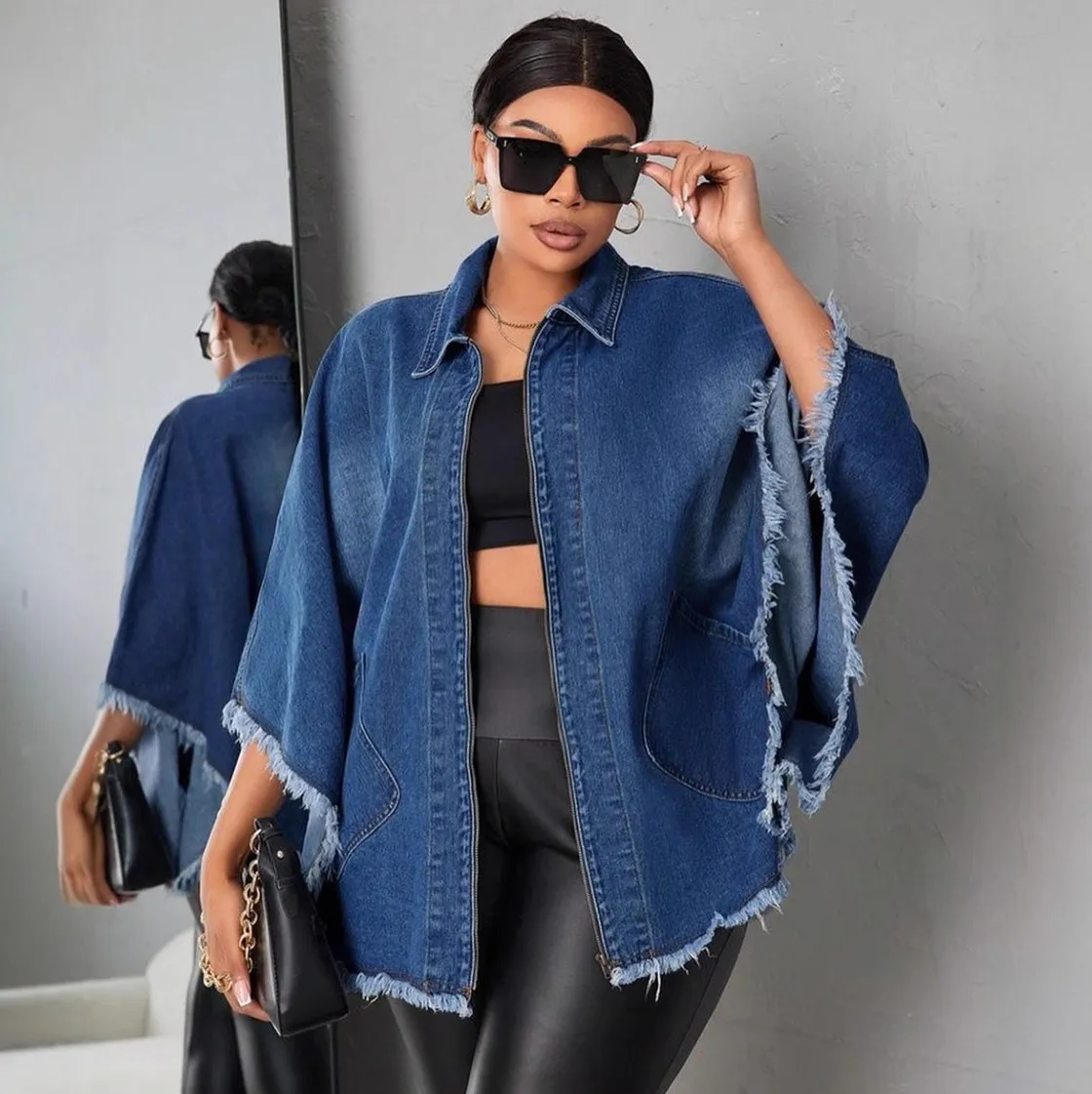 Women Casual Lapel Bat Sleeve Loose Denim Jacket