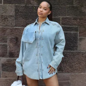Women Casual Lapel Long Sleeve Button Loose Extra Long Denim Coat