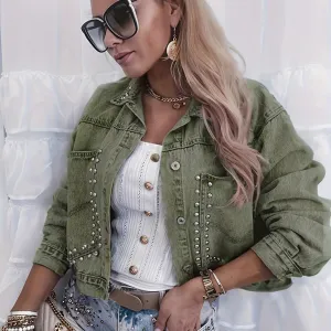 Women Casual Rivet Lapel Long Sleeve Denim Jacket