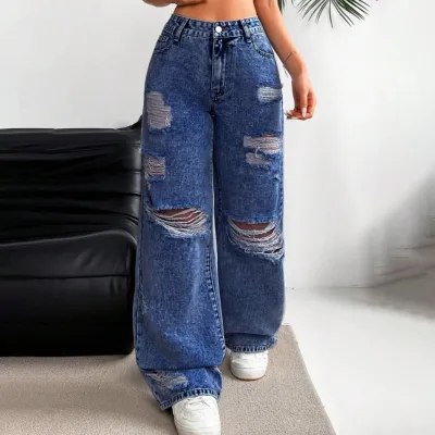 Women Fashion Casual Ripped High Waist Wide Leg Jeans