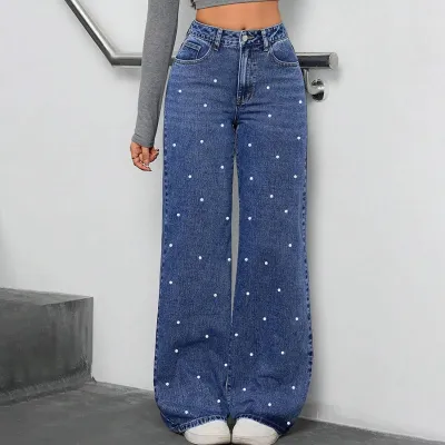 Women Fashion Casual Pearl Decoration High Waist Straight Wide Leg Jeans