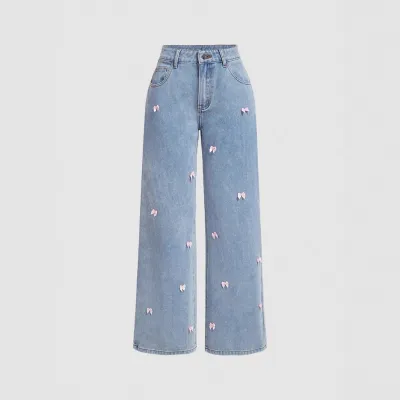 Women Fashion Casual Bowknot Decoration High Waist Wide Leg Jeans