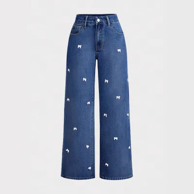 Women Fashion Casual Bowknot Decoration High Waist Wide Leg Jeans