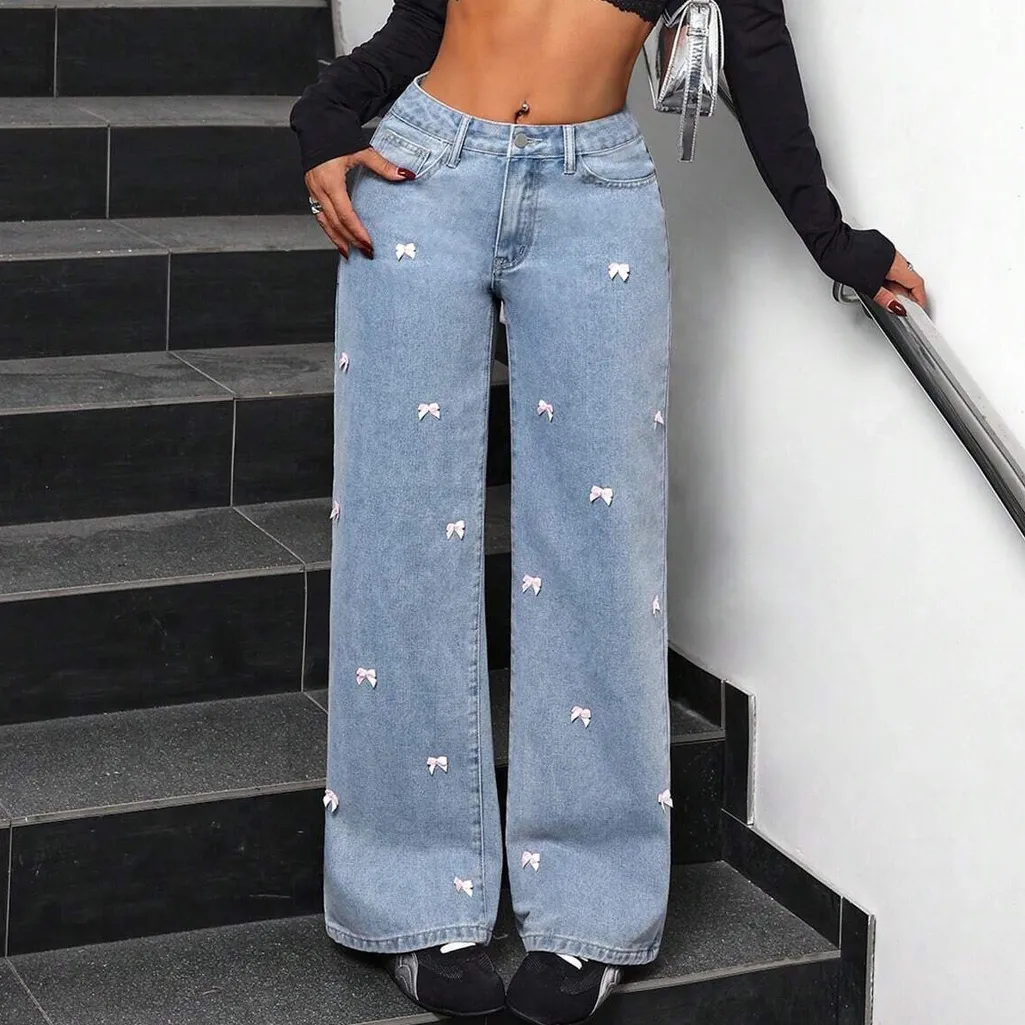 Women Fashion Casual Bowknot Decoration High Waist Wide Leg Jeans