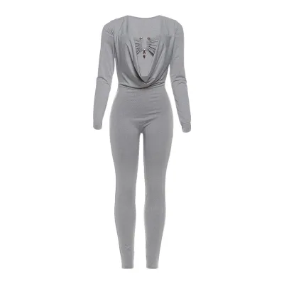Women Fashion Sexy Solid Color Hollow-Out Long-Sleeve Tight Jumpsuits