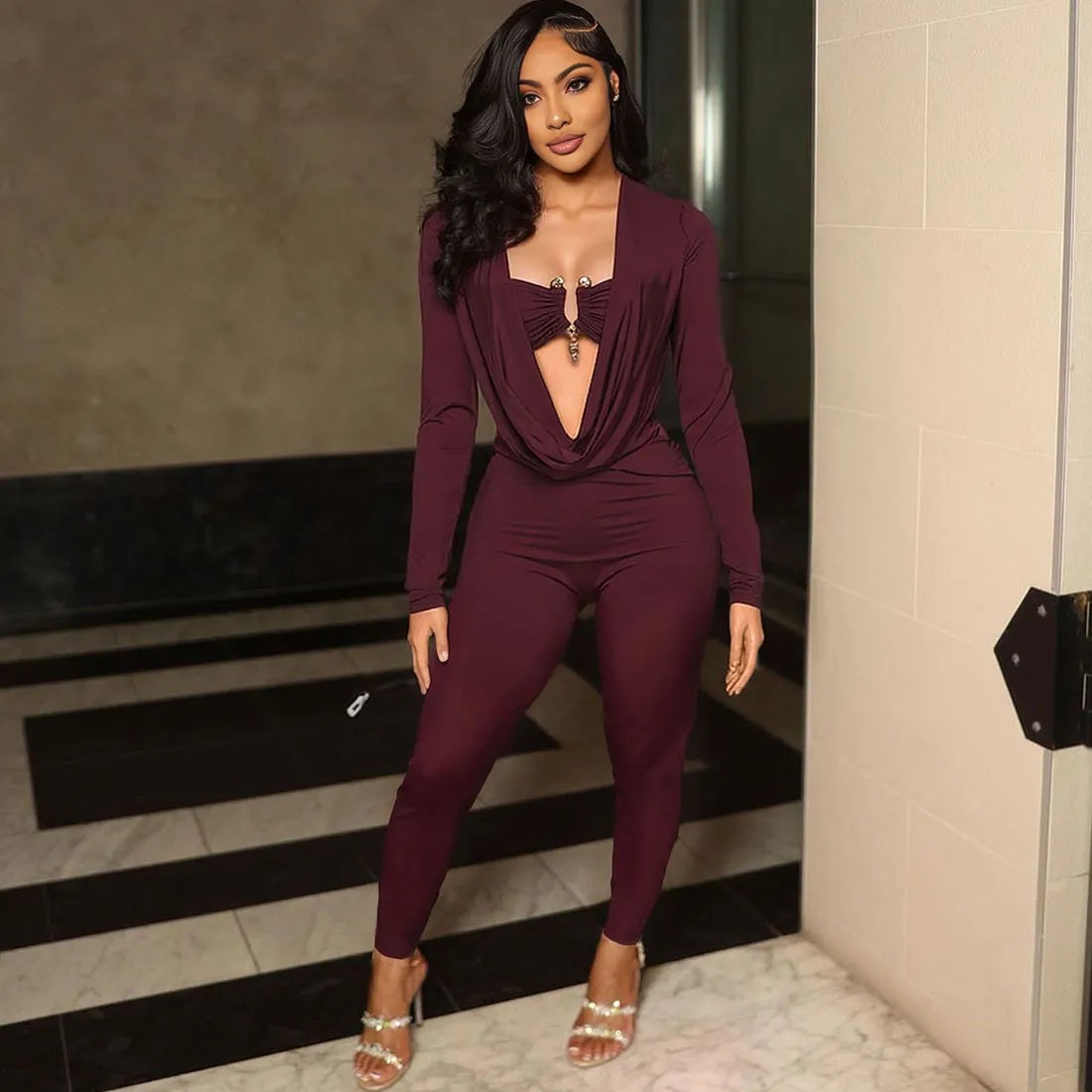 Women Fashion Sexy Solid Color Hollow-Out Long-Sleeve Tight Jumpsuits