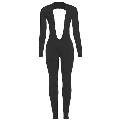 Women Fashion Sexy Solid Color Deep V-Neck Long Sleeve Backless Tight Jumpsuit