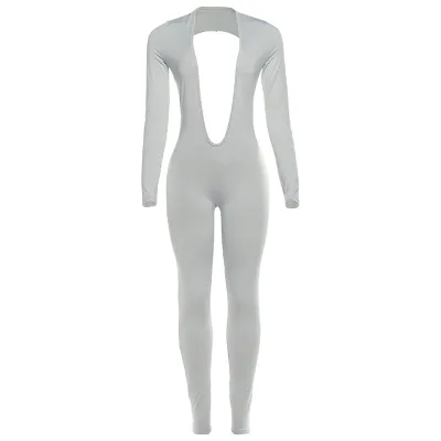Women Fashion Sexy Solid Color Deep V-Neck Long Sleeve Backless Tight Jumpsuit