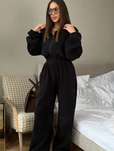 Women Fashion Casual Solid Color Lapel Long-Sleeve Jumpsuits
