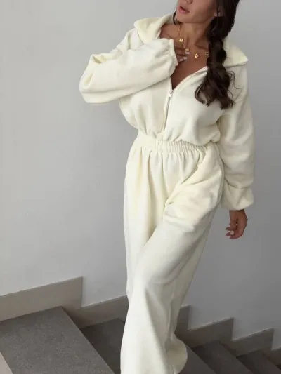 Women Fashion Casual Solid Color Lapel Long-Sleeve Jumpsuits
