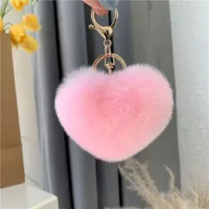 Fashion Cute Solid Color Heart-Shaped Fur Ball Pendant Keychain