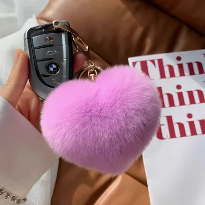 Fashion Cute Solid Color Heart-Shaped Fur Ball Pendant Keychain