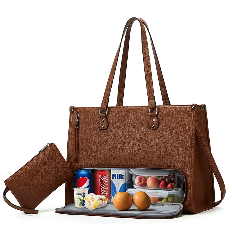 Women Fashion Solid Color Large Capacity Tote Bag Two-Piece Set PU