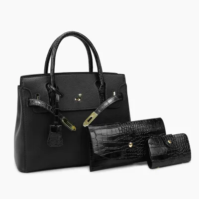 Women Fashion Casual Litchi Pattern Large Capacity Soft PU Handbag Three-Piece Set