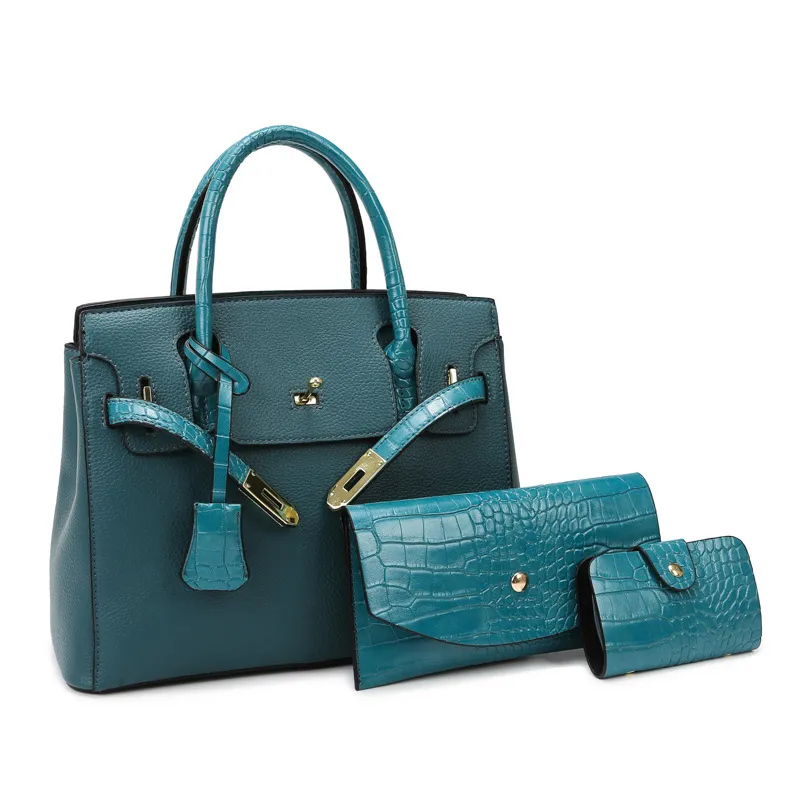Women Fashion Casual Litchi Pattern Large Capacity Soft PU Handbag Three-Piece Set