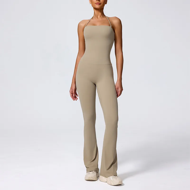 Women Halter-Neck Tight Sports Yoga Jumpsuit Solid Color