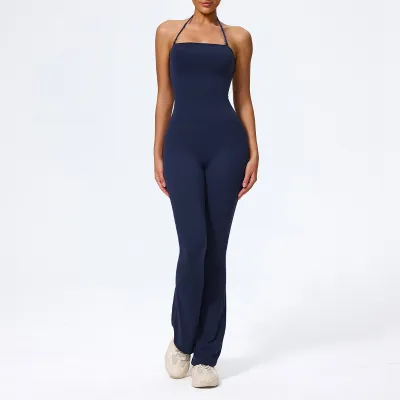 Women Halter-Neck Tight Sports Yoga Jumpsuit Solid Color