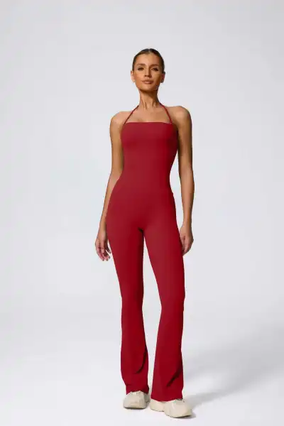 Women Halter-Neck Tight Sports Yoga Jumpsuit Solid Color