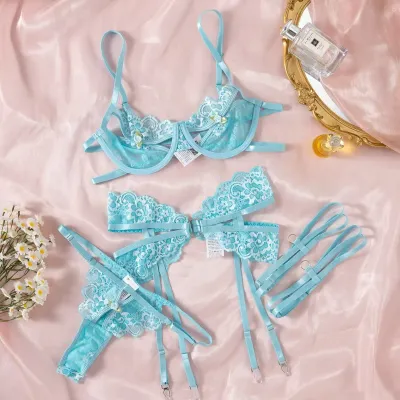 Women Fashion Contrast Color Lace Perspective Sexy Lingerie Bra Set