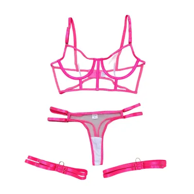 Women Fashion Solid Color Mesh Perspective Sexy Lingerie Three-Piece Set