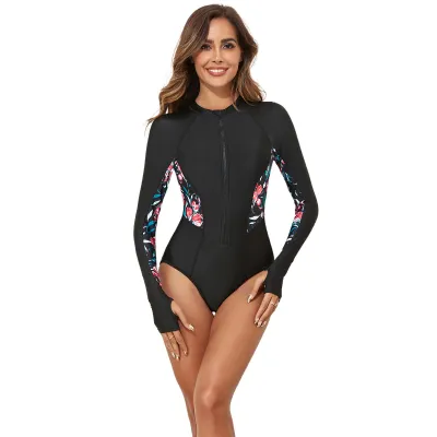 Women Fashion Printed Long-Sleeve Zipper One-Piece Racing Swimsuit