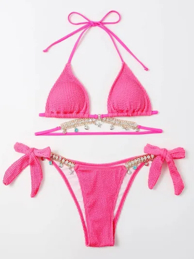 Women Fashion Sexy Solid Color Rhinestone Chain Lace Up Bikini Swimsuit